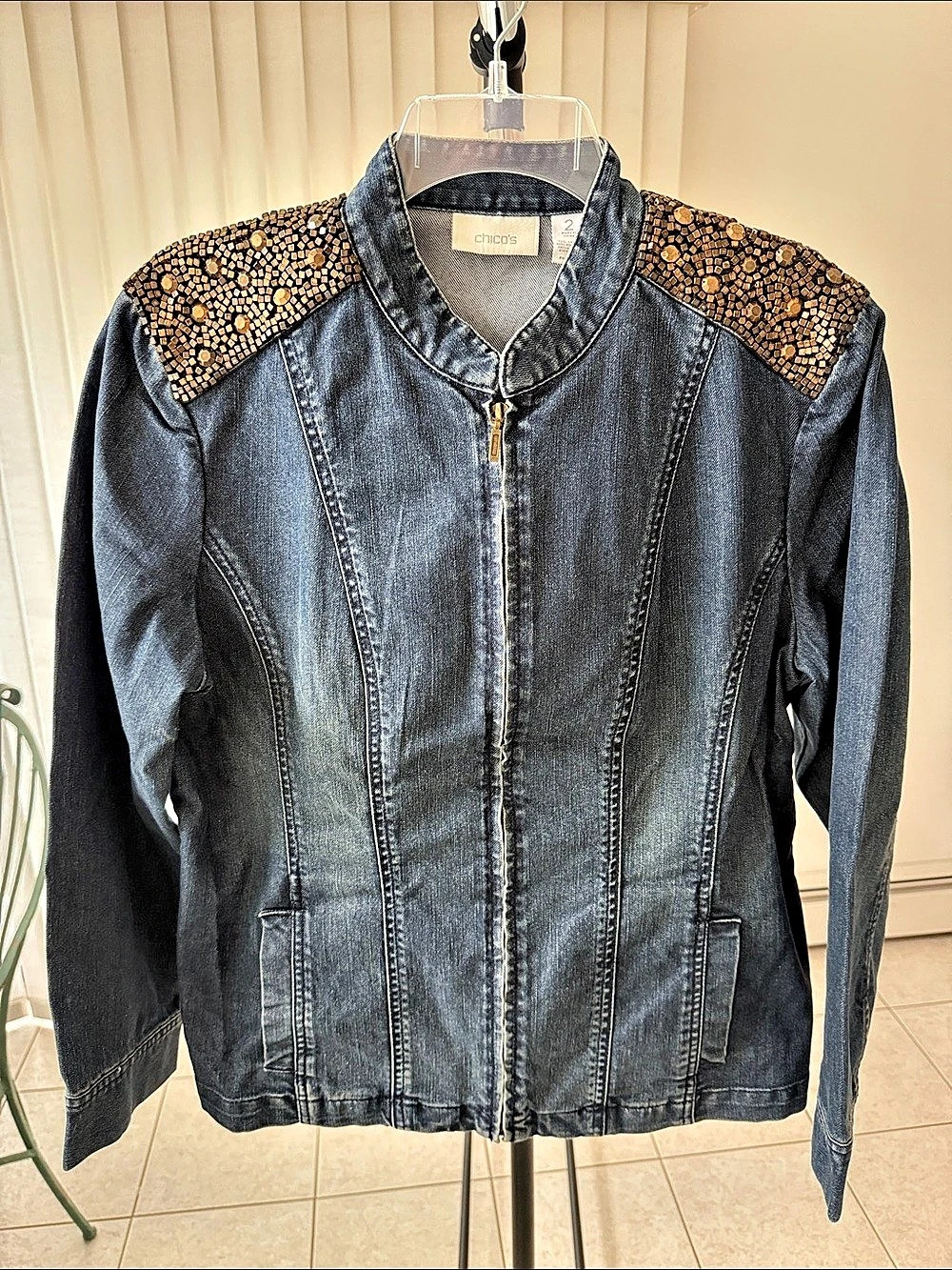 Chico's Embellished Denim Jacket Blue & Black Size 2